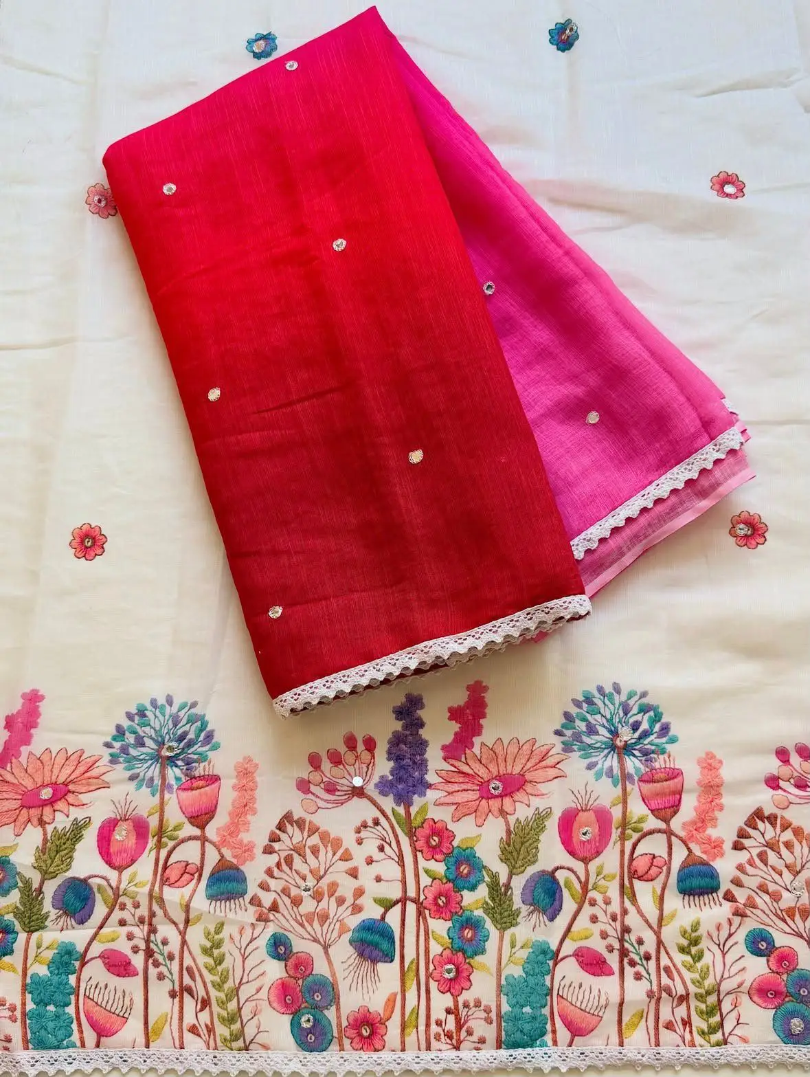 Pink ombre linen cotton designer saree with embroidered floral blouse and lace border for wedding, festive and party wear