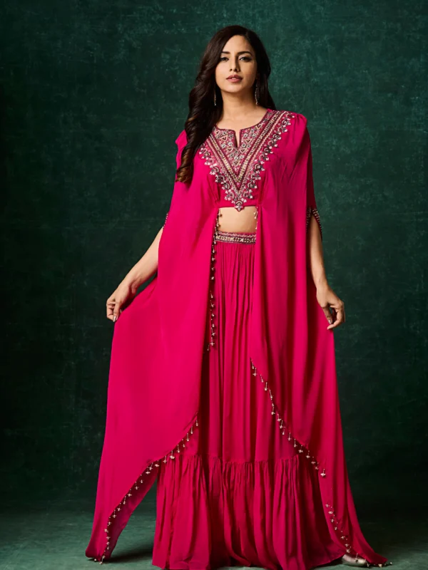 Designer Indo Western Drape Skirt Set with Embroidered Cape & Crop Top