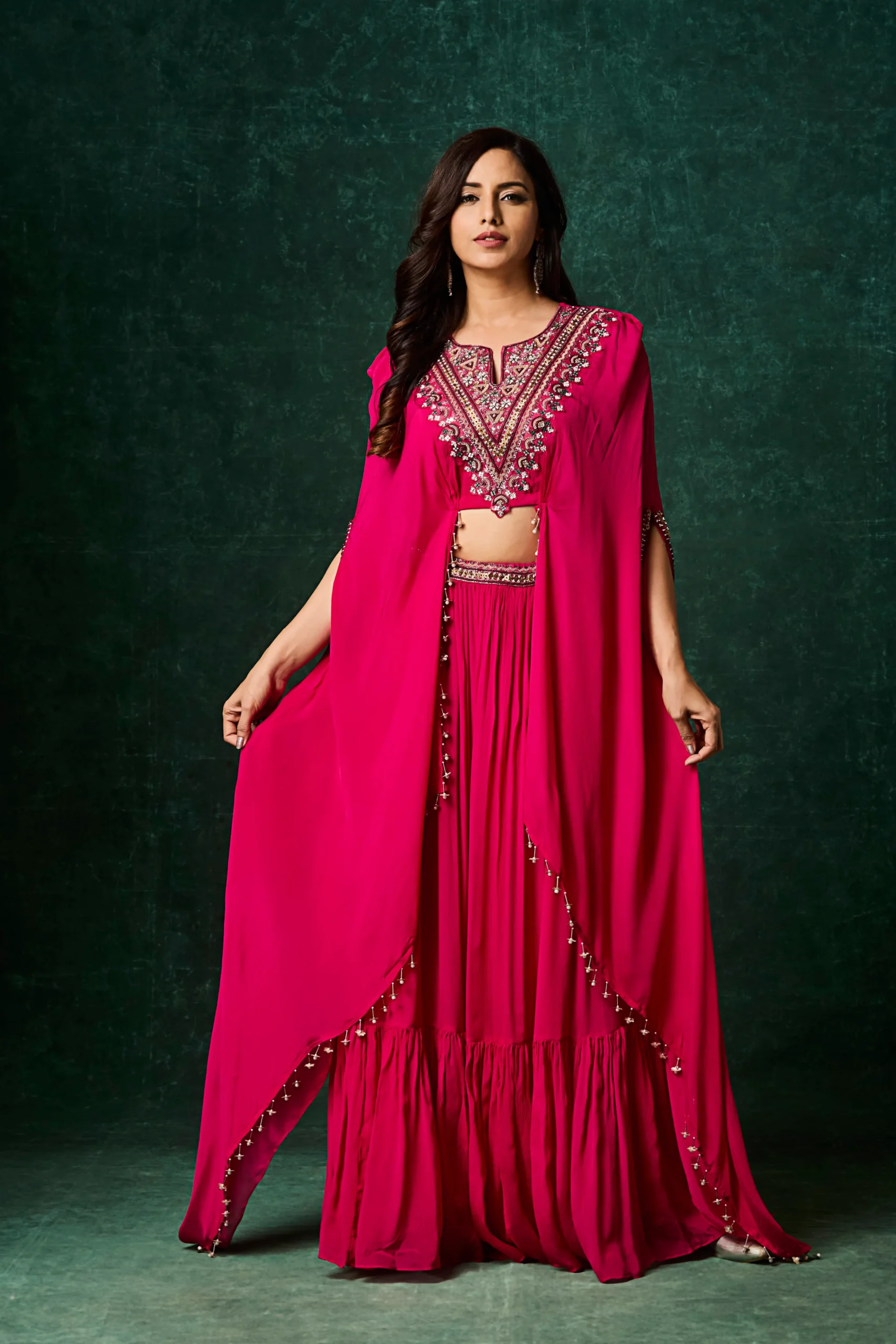 designer-indo-western-drape-skirt-set-with-embroidered-cape