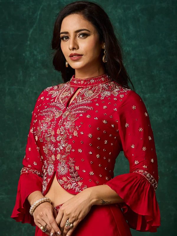 Designer Cherry Indo Western drape skirt set with hand embroidered peplum top for reception and party wear