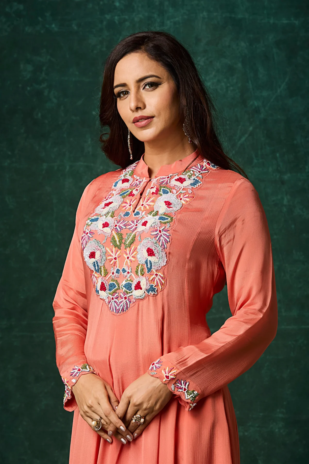 Premium Peach embroidered Anarkali kurta with floral embroidery for festive occasions and celebrations