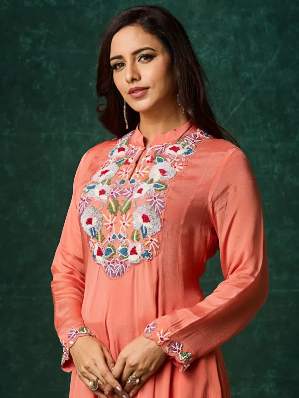 Premium Peach embroidered Anarkali kurta with floral embroidery for festive occasions and celebrations