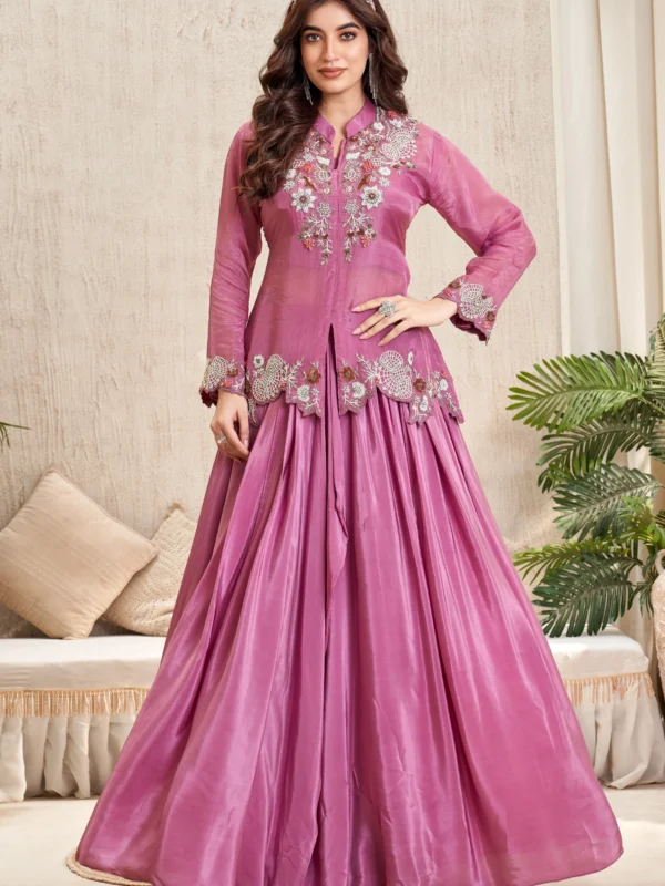 Hand embroidered blush rose Indo Western skirt set with long jacket and flared designer skirt for women
