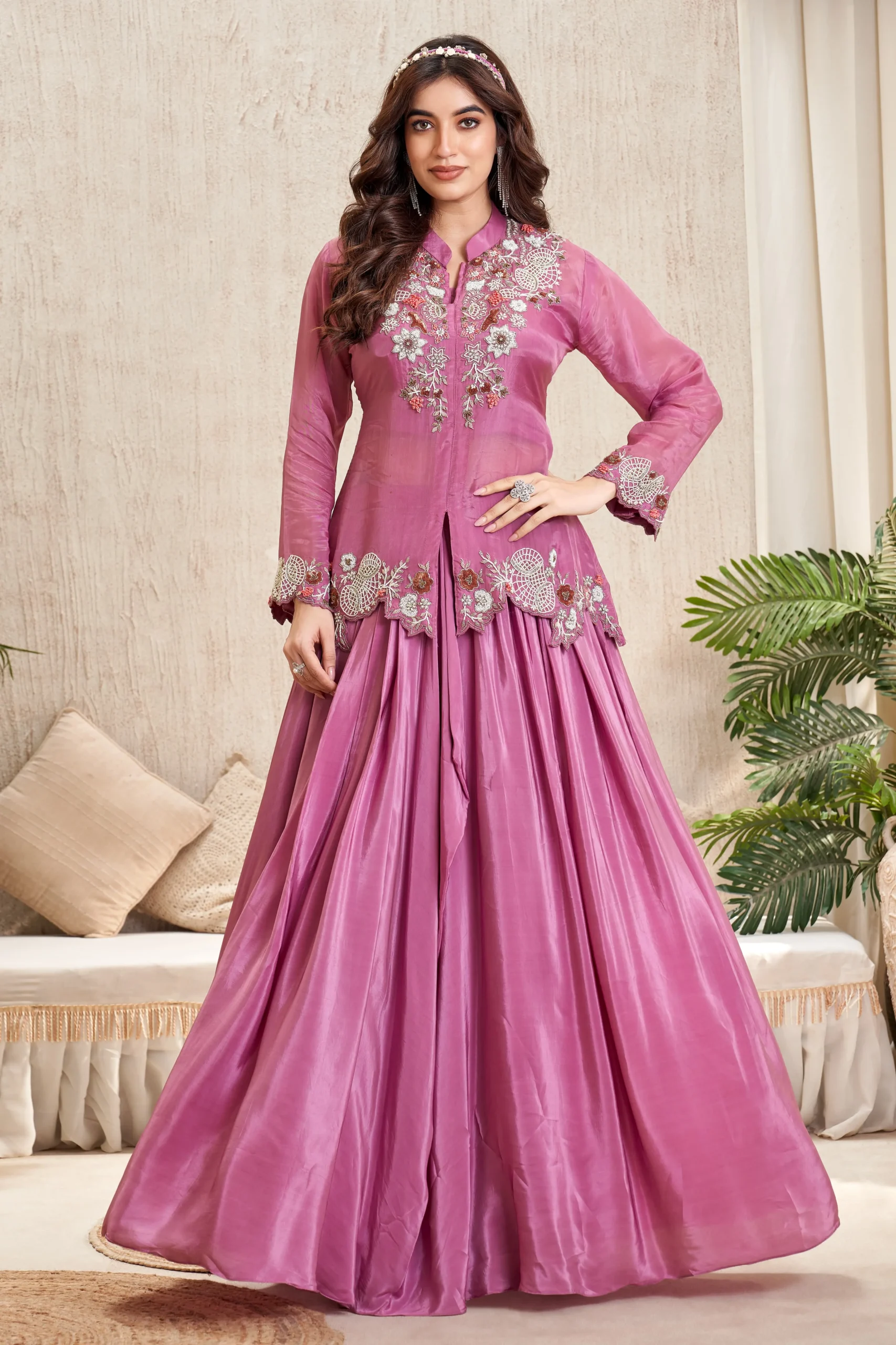 Hand embroidered blush rose Indo Western skirt set with long jacket and flared designer skirt for women