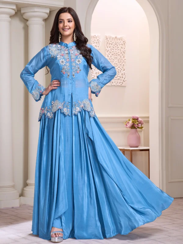 Elegant firozi blue hand embroidered Indo Western skirt set with designer long jacket