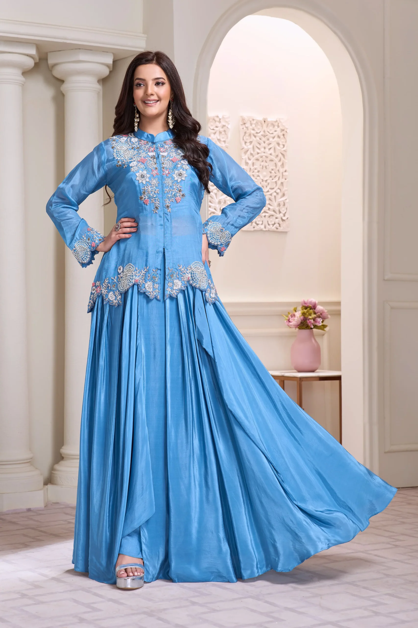 Elegant firozi blue hand embroidered Indo Western skirt set with designer long jacket