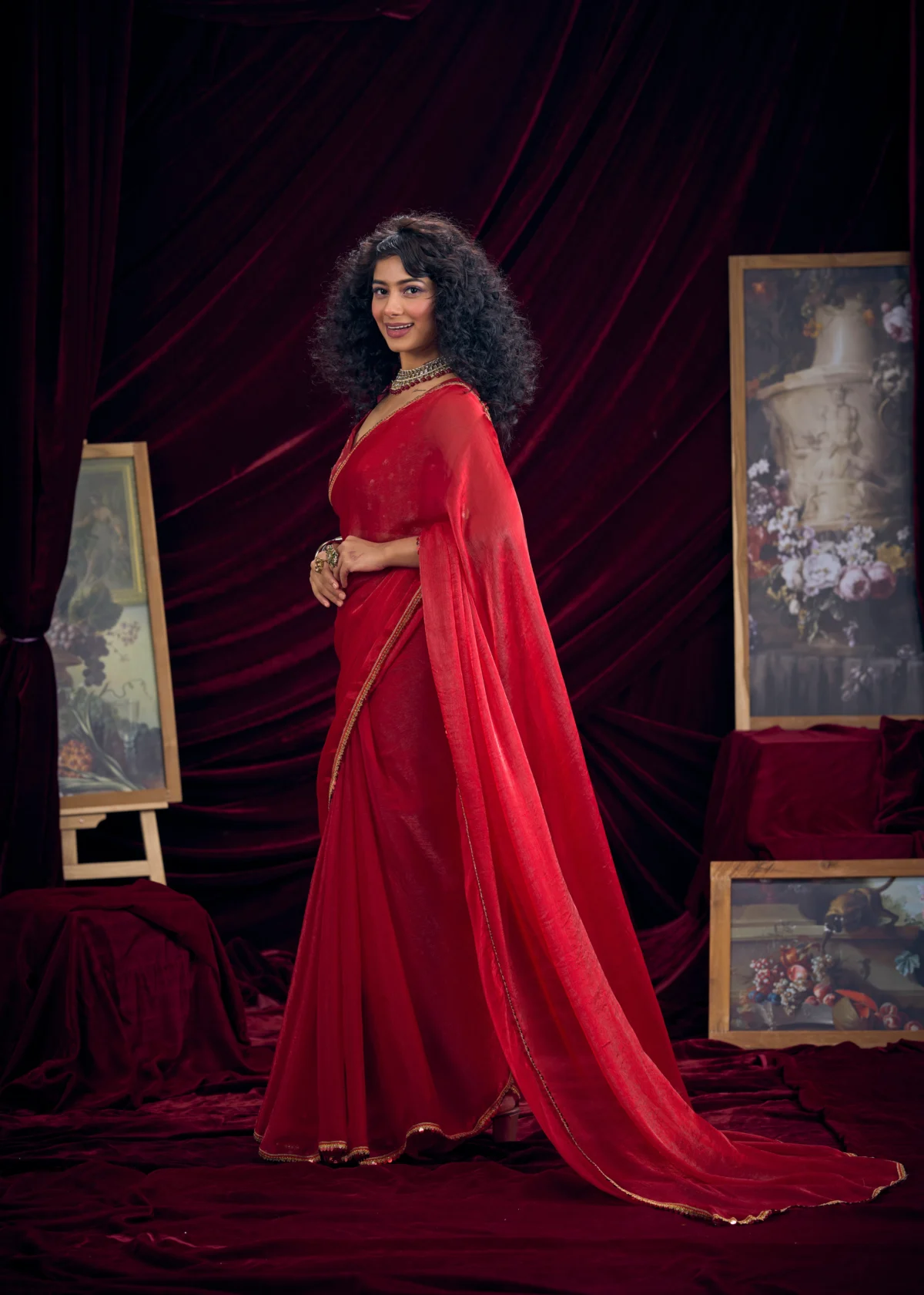 Scarlet Red Shimmer Chiffon Party Wear Saree with Embroidery Blouse and Designer Border by Rangoli Saris