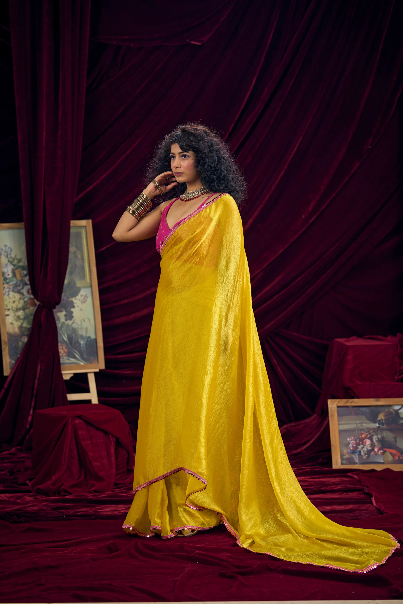 Sunshine Yellow Designer Shimmer Chiffon Saree with Embroidered Unstitched Blouse by Rangoli Saris