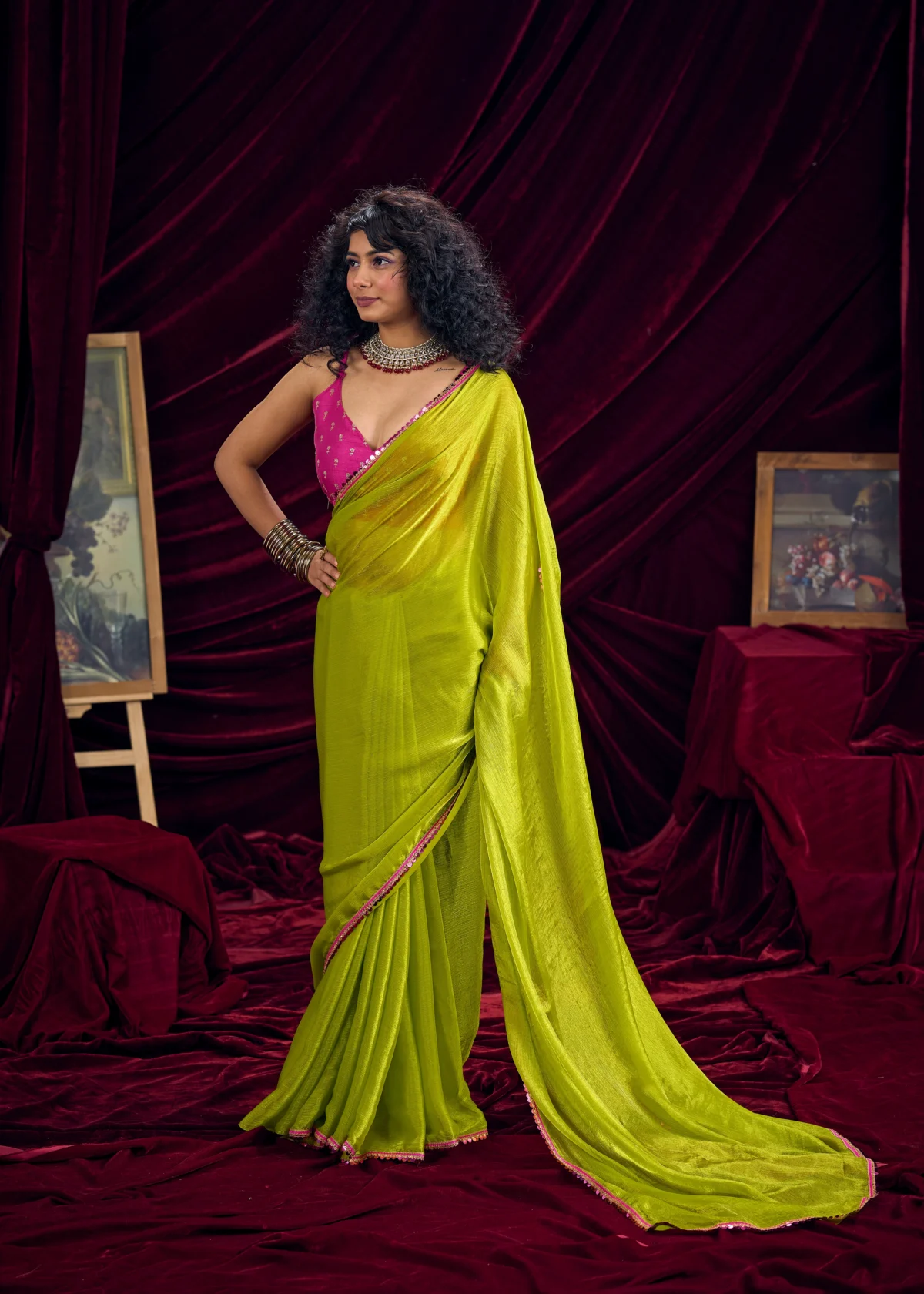 Lime Green Shimmer Chiffon Festive Saree featuring Embroidered Blouse and Designer Piping Border by Rangoli Saris