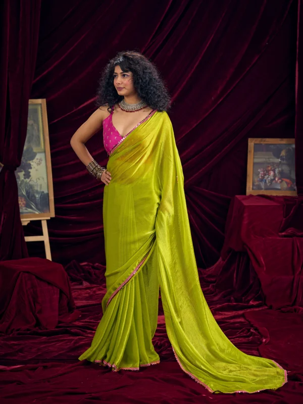 Lime Green Shimmer Chiffon Festive Saree featuring Embroidered Blouse and Designer Piping Border by Rangoli Saris