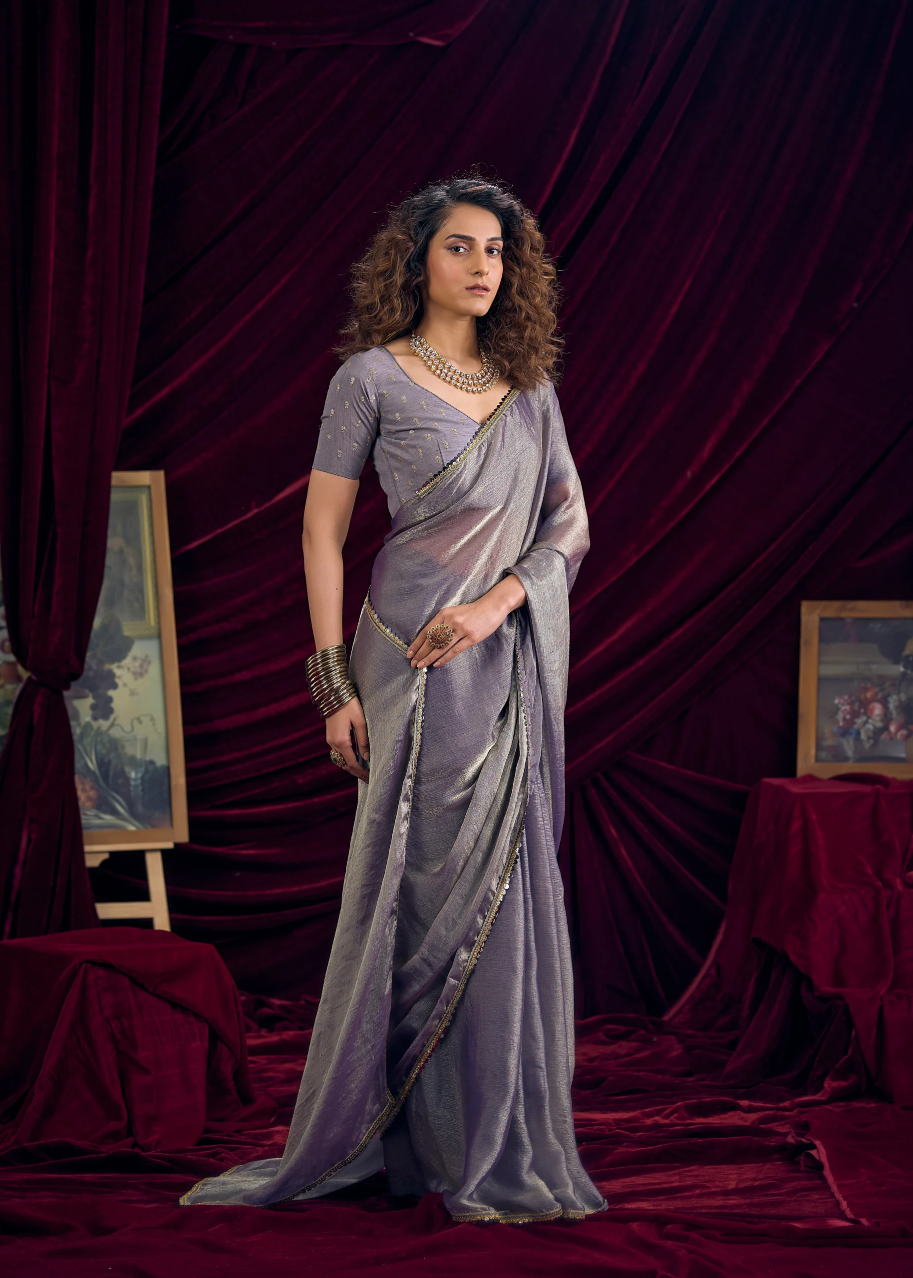 Dove Grey Premium Shimmer Chiffon Saree with Embroidery Blouse and Elegant Designer Border by Rangoli Saris