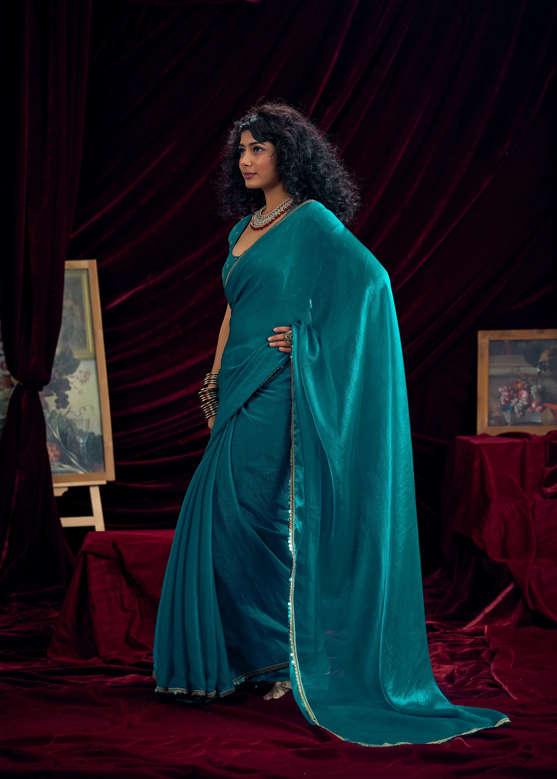 Teal Blue Designer Shimmer Chiffon Saree with Embroidered Blouse for Wedding and Party Wear by Rangoli Saris