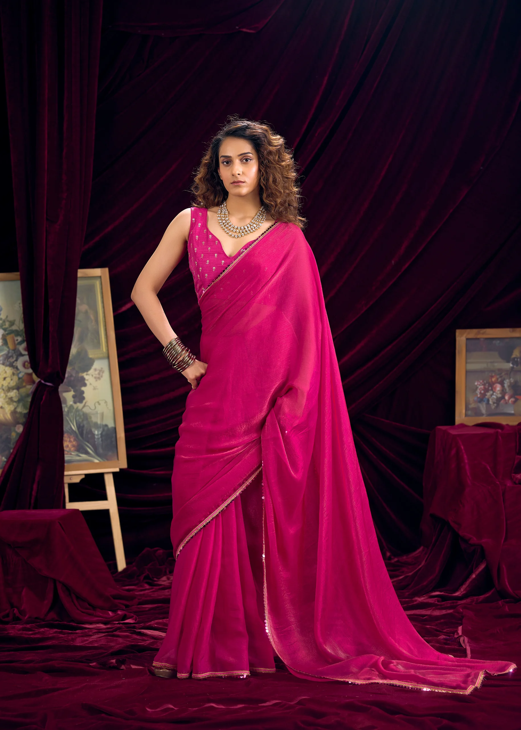 Hot Pink Designer Shimmer Chiffon Saree with Embroidered Blouse and Designer Piping Border by Rangoli Saris