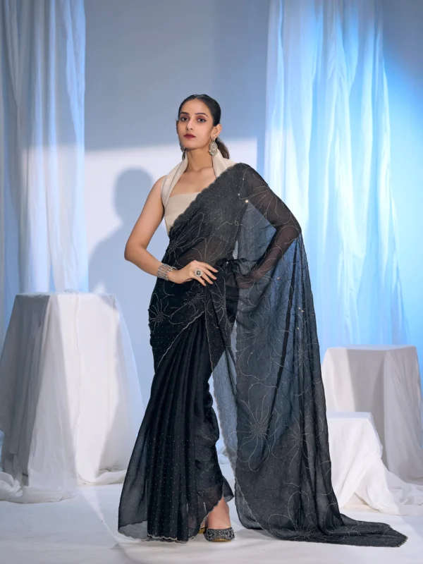 Designer shimmer georgette saree with Swarovski floral work in black
