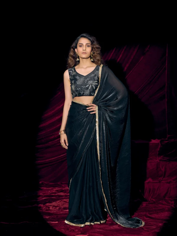 Black shimmer georgette saree with designer lace border and heavy embroidered blouse for party wear