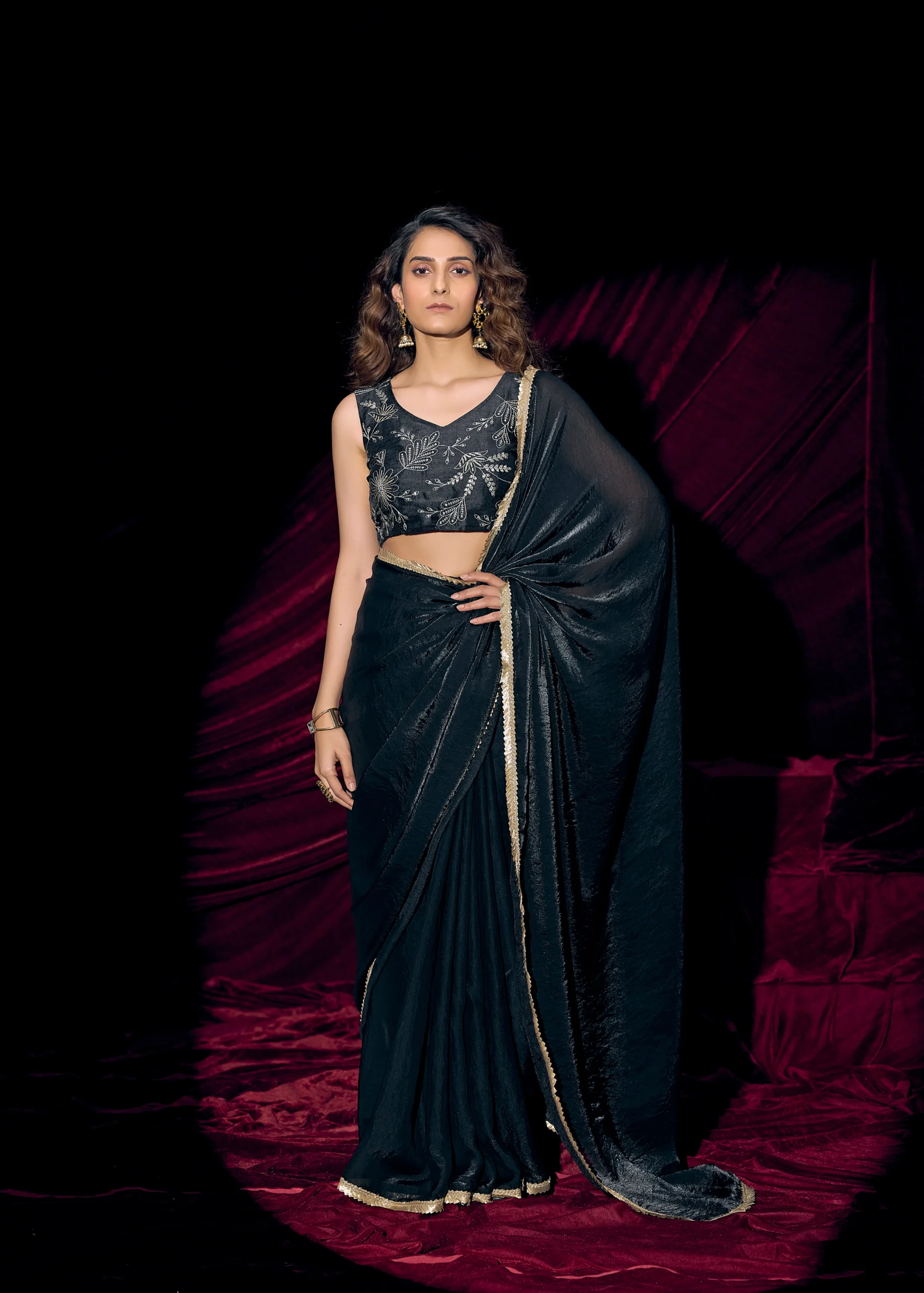 black-shimmer-georgette-heavy-blouse-lace-border-saree