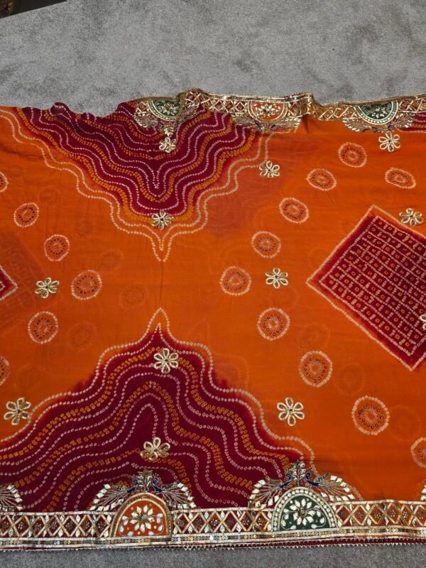 Pure Georgette Hand Bandhej Saree with Rajwadi Gota Patti Work in Maroon and Orange, traditional Rajasthani festive designer saree with matching blouse, perfect for Teej, Raksha Bandhan and wedding celebrations.