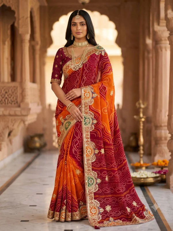 Pure Georgette Hand Bandhej Saree with Rajwadi Gota Patti Work in Maroon and Orange, traditional Rajasthani festive designer saree with matching blouse, perfect for Teej, Raksha Bandhan and wedding celebrations.