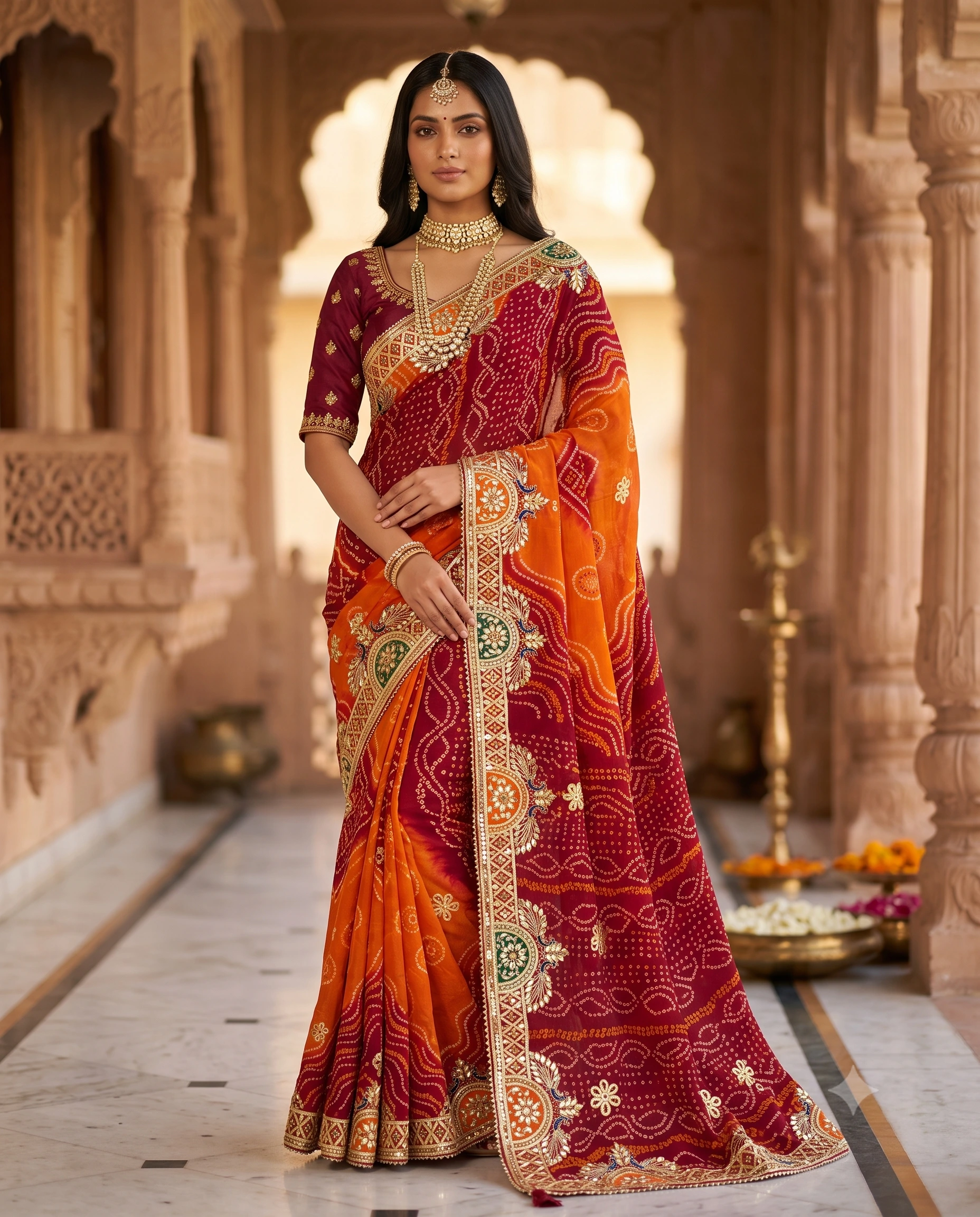pure-georgette-hand-bandhej-rajwadi-gota-patti-saree