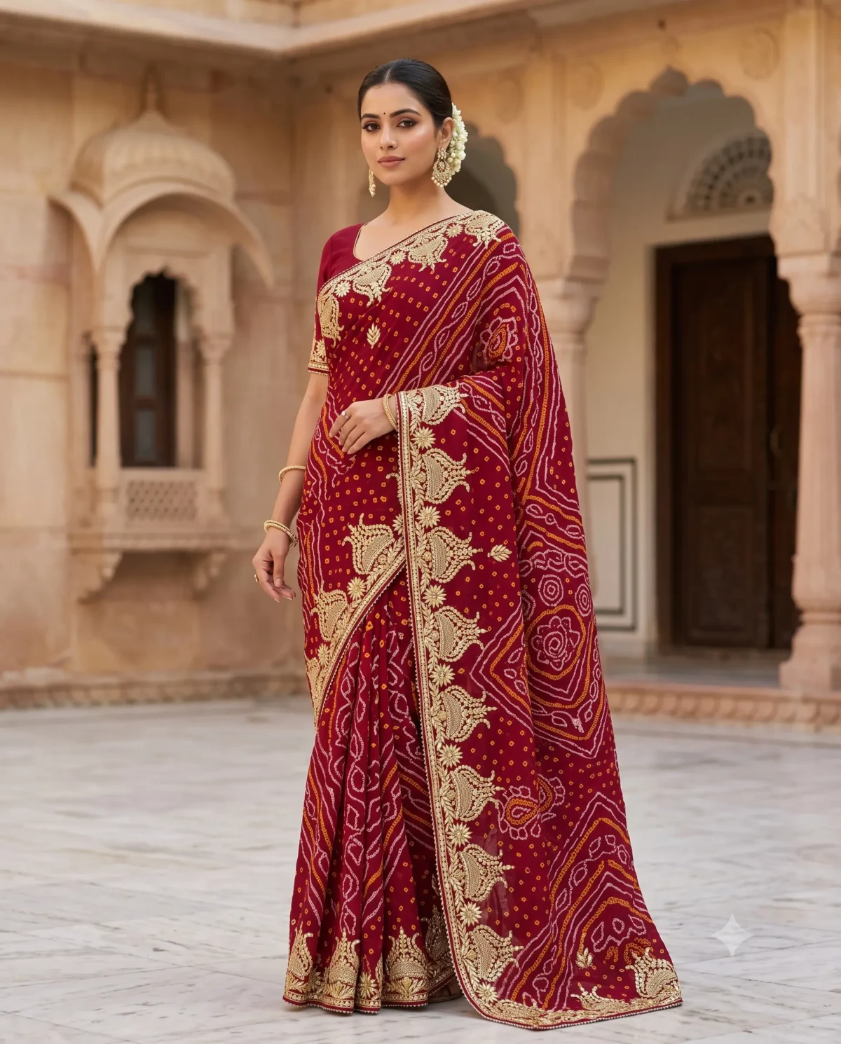 Pure Ojariya Hand Bandhej Chunri Saree with Heavy Rajwadi Gota Patti Work in maroon, traditional Rajasthani festive saree with matching blouse piece, ideal for Teej, Raksha Bandhan, Karwa Chauth and wedding celebrations.