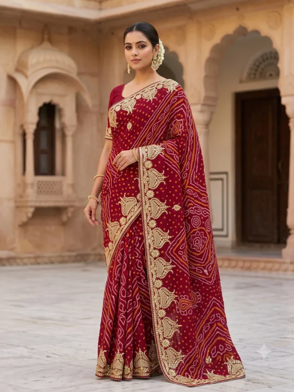Pure Ojariya Hand Bandhej Chunri Saree with Heavy Rajwadi Gota Patti Work in maroon, traditional Rajasthani festive saree with matching blouse piece, ideal for Teej, Raksha Bandhan, Karwa Chauth and wedding celebrations.