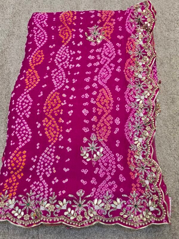 Pure Georgette Hand Bandhej Saree with Heavy Rajwadi Gota Patti Work in Rani Pink, traditional Rajasthani festive saree with matching blouse, perfect for Teej, Raksha Bandhan, Karwa Chauth and wedding celebrations.