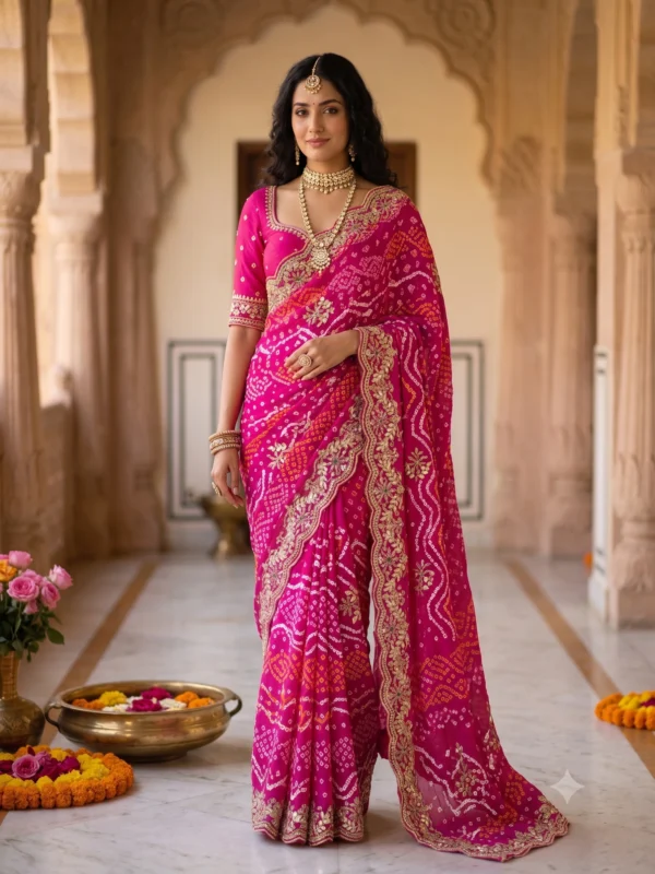 Pure Georgette Hand Bandhej Saree with Heavy Rajwadi Gota Patti Work in Rani Pink, traditional Rajasthani festive saree with matching blouse, perfect for Teej, Raksha Bandhan, Karwa Chauth and wedding celebrations.