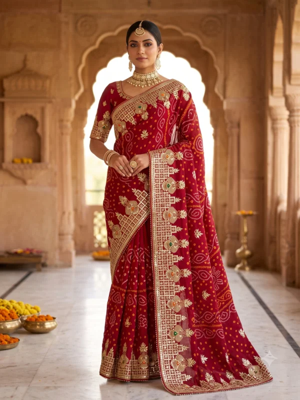 Pure Georgette Hand Bandhej Saree with Heavy Rajwadi Gota Patti Work in deep maroon, featuring traditional festive motifs, matching blouse piece, perfect for Teej, Raksha Bandhan, Karwa Chauth and wedding celebrations.