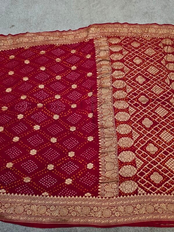 Pure Georgette Hand Bandhej Saree with rich woven zari border and designer zari pallu in deep red, traditional Rajasthani festive saree with matching blouse piece for Teej, Raksha Bandhan, Karwa Chauth and weddings.