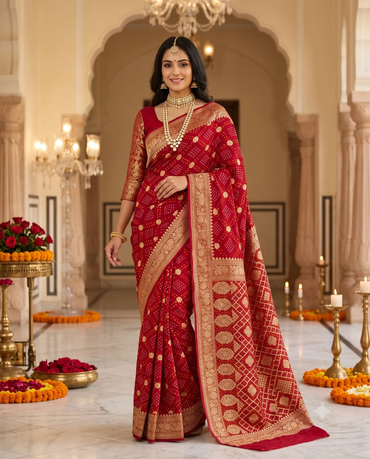 Pure Georgette Hand Bandhej Saree with rich woven zari border and designer zari pallu in deep red, traditional Rajasthani festive saree with matching blouse piece for Teej, Raksha Bandhan, Karwa Chauth and weddings.