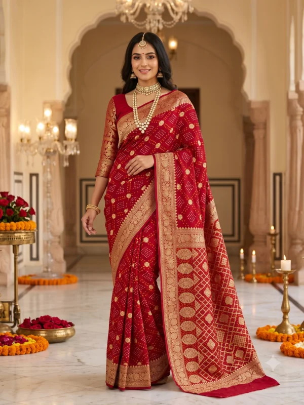 Pure Georgette Hand Bandhej Saree with rich woven zari border and designer zari pallu in deep red, traditional Rajasthani festive saree with matching blouse piece for Teej, Raksha Bandhan, Karwa Chauth and weddings.