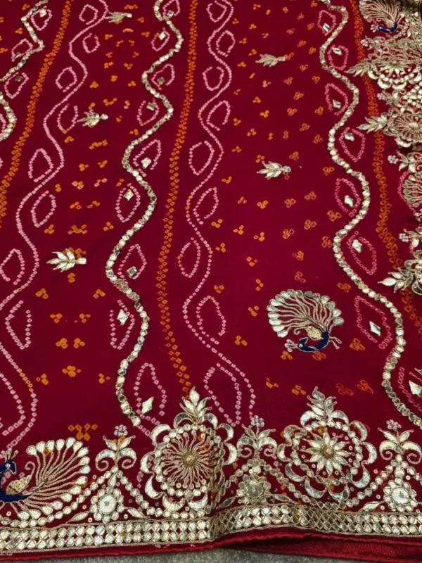 Royal Pure Ojariya Hand Bandhej Saree with Peacock Rajwadi Gota Patti Work, handcrafted Rajasthani festive saree with matching blouse piece for Teej, Raksha Bandhan, Karwa Chauth and weddings.