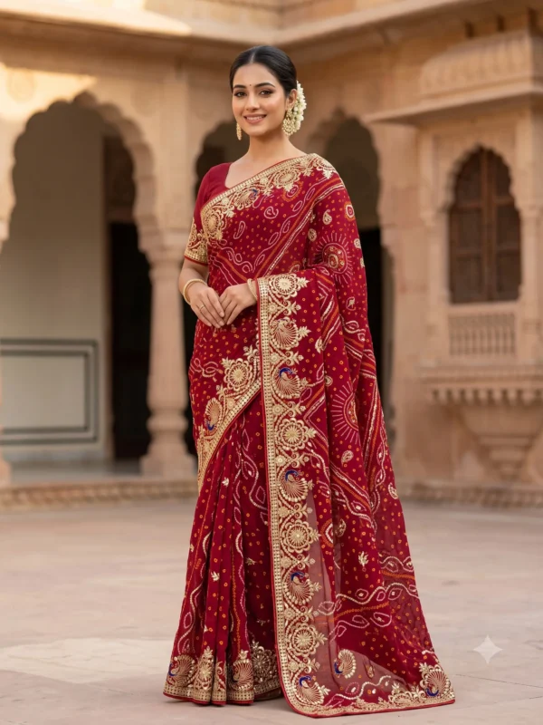 Royal Pure Ojariya Hand Bandhej Saree with Peacock Rajwadi Gota Patti Work, handcrafted Rajasthani festive saree with matching blouse piece for Teej, Raksha Bandhan, Karwa Chauth and weddings.