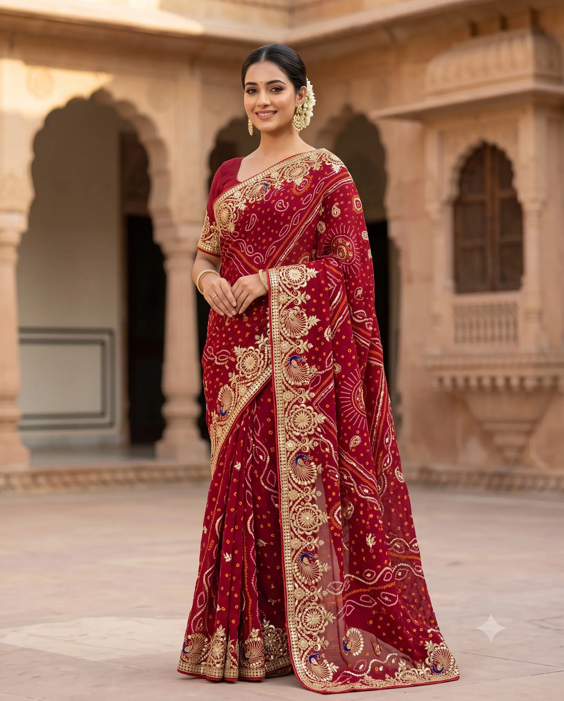 royal-pure-ojariya-hand-bandhej-peacock-gota-patti-saree