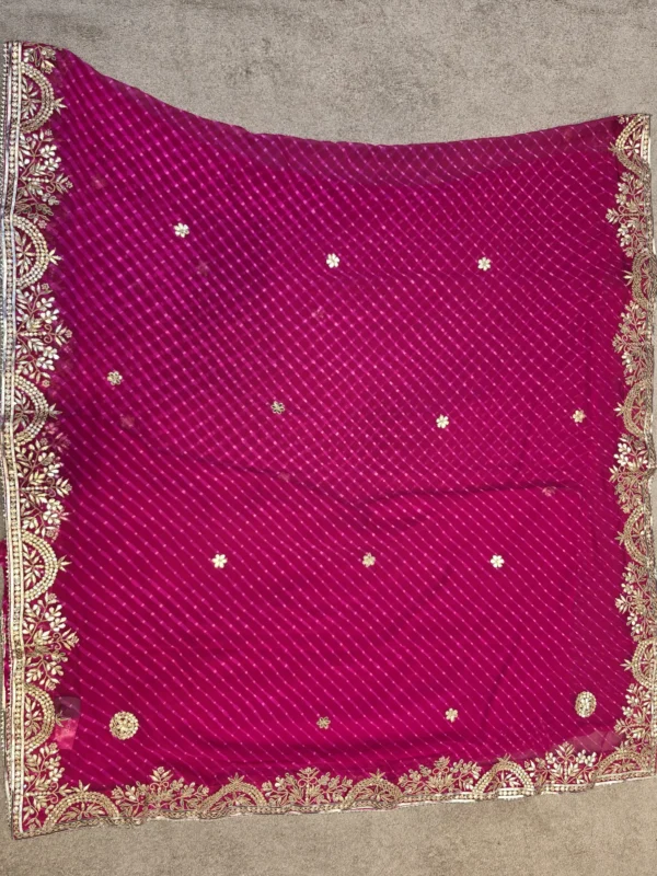 Pure Georgette Rani Mothra Saree with Heavy Gota Patti Embroidery and Floral Border for Teej & Raksha Bandhan