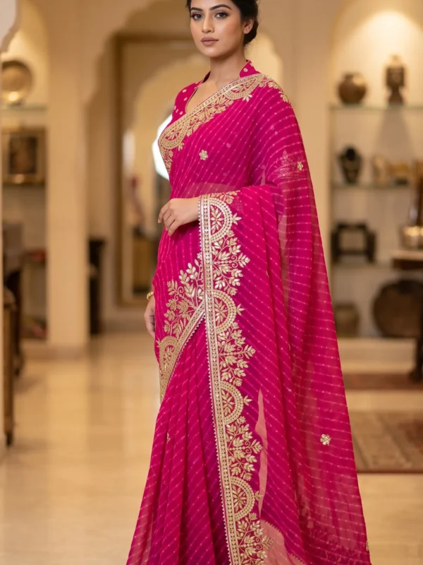 Pure Georgette Rani Mothra Saree with Heavy Gota Patti Embroidery and Floral Border for Teej & Raksha Bandhan