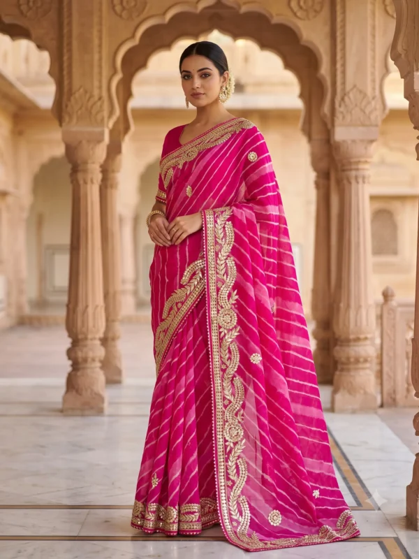 Pink Soft Silk Lehariya Saree with Handcrafted Gota Patti Work | Designer Teej Raksha Bandhan Saree by Rangoli Saris