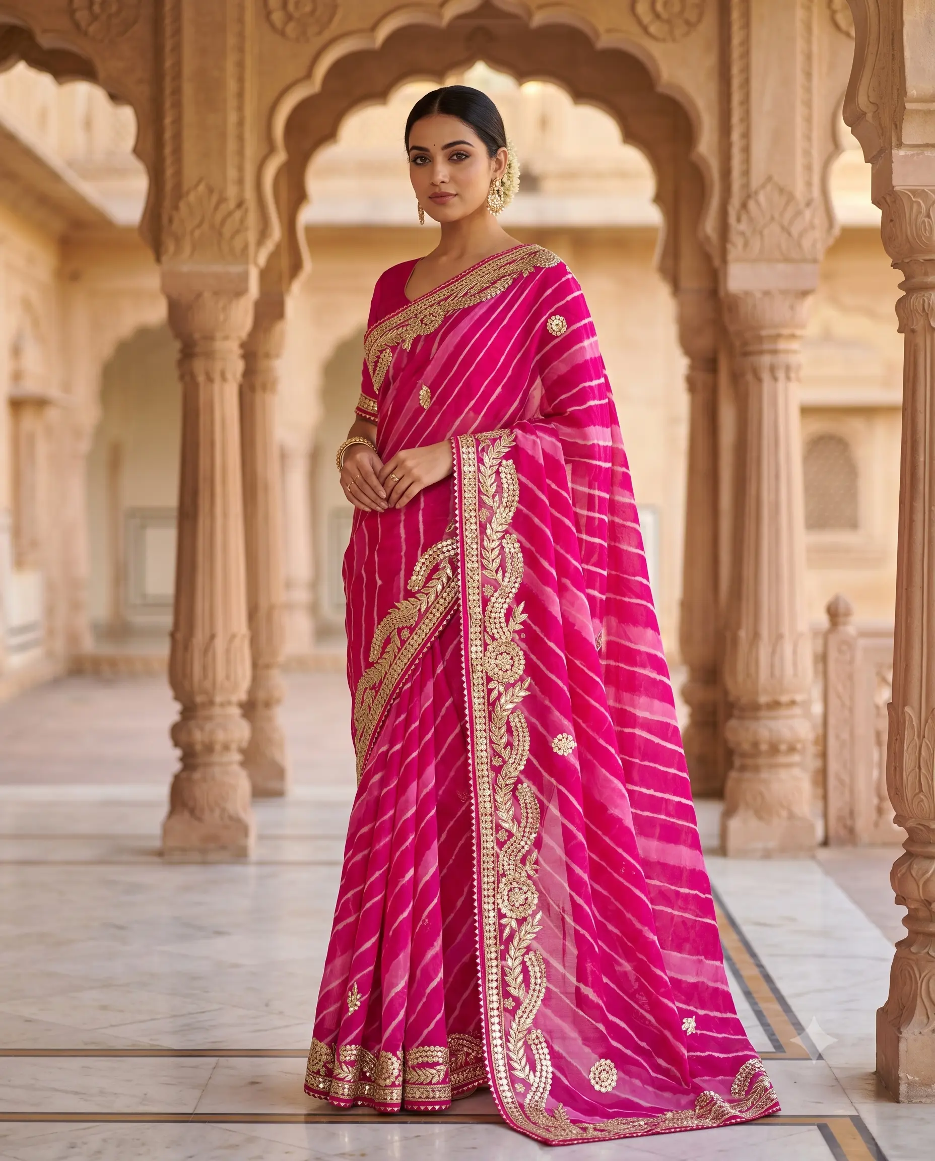 pink-soft-silk-lehariya-saree-gota-patti-work