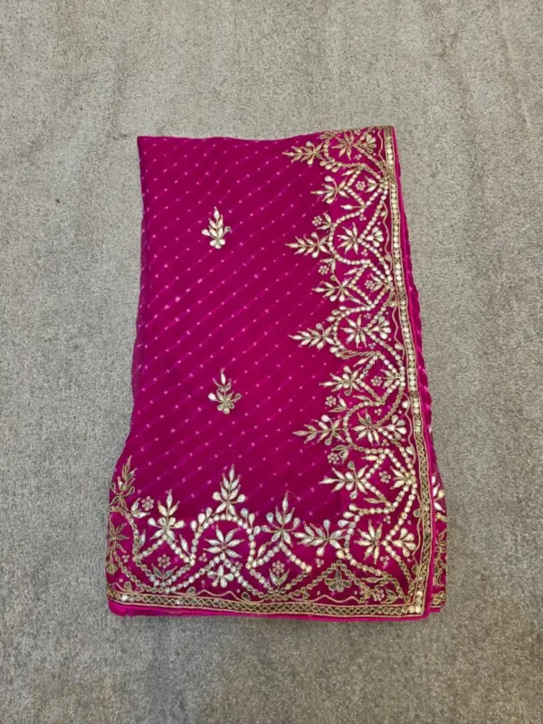 Rani Pink Pure Georgette Lehariya Saree with Silver Gota Patti Work | Designer Festive Saree