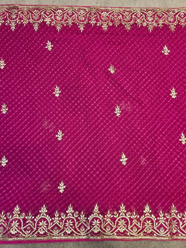 Pure Georgette Rani Mothra Saree with Heavy Gota Patti Embroidery and Floral Border for Teej & Raksha Bandhan