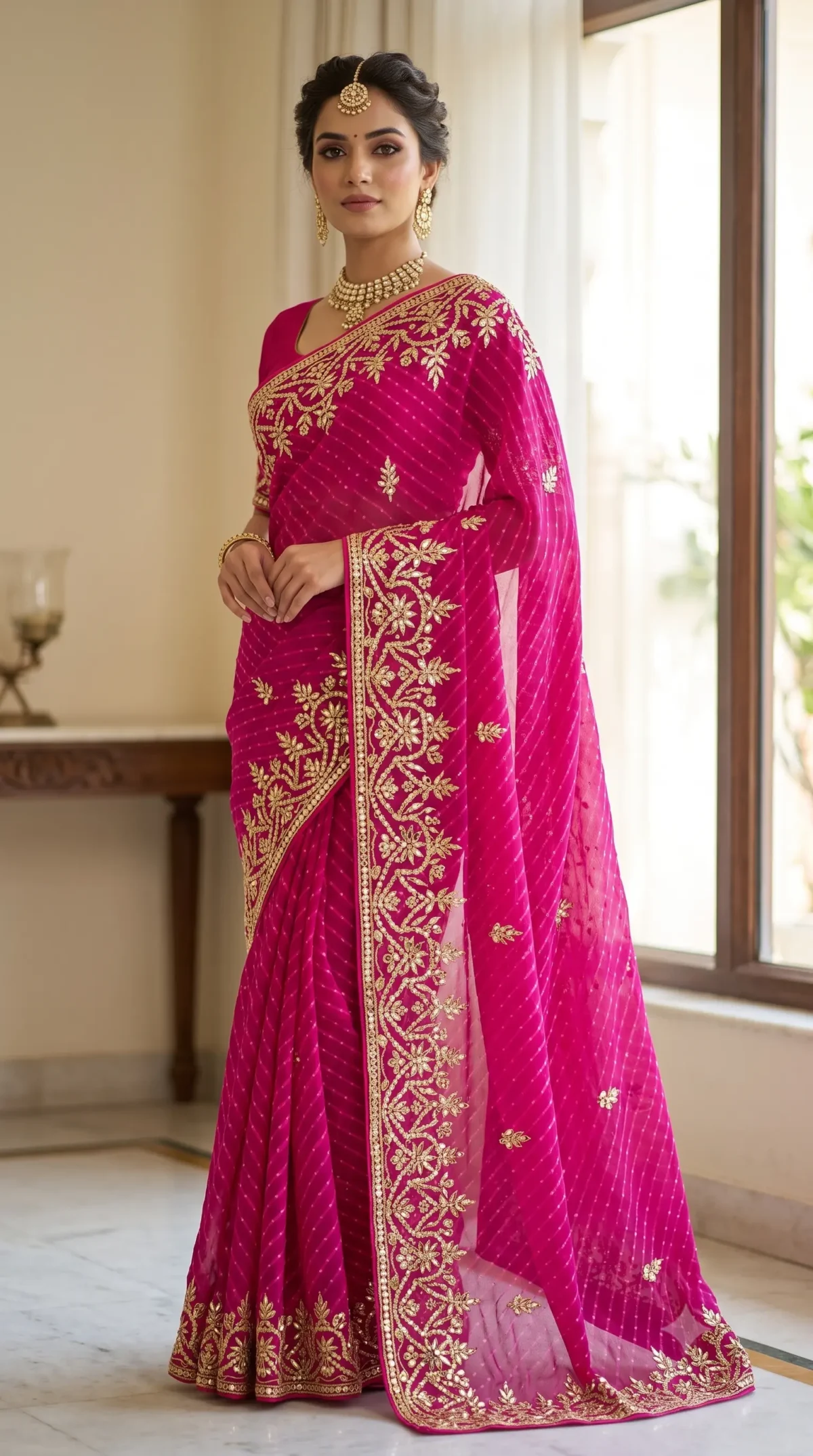 Pure Georgette Rani Mothra Saree with Heavy Gota Patti Embroidery and Floral Border for Teej & Raksha Bandhan