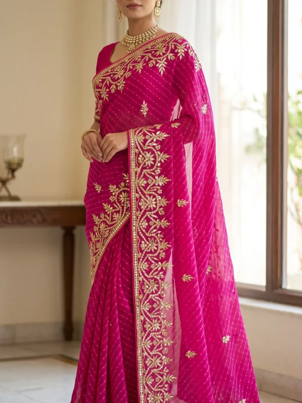 Pure Georgette Rani Mothra Saree with Heavy Gota Patti Embroidery and Floral Border for Teej & Raksha Bandhan