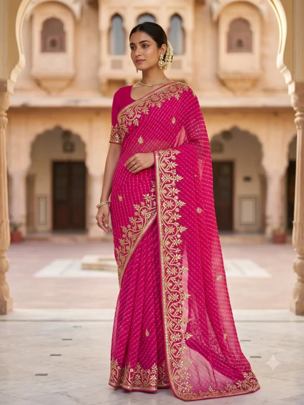 Rani Pink Pure Georgette Lehariya Saree with Silver Gota Patti Work | Designer Festive Saree