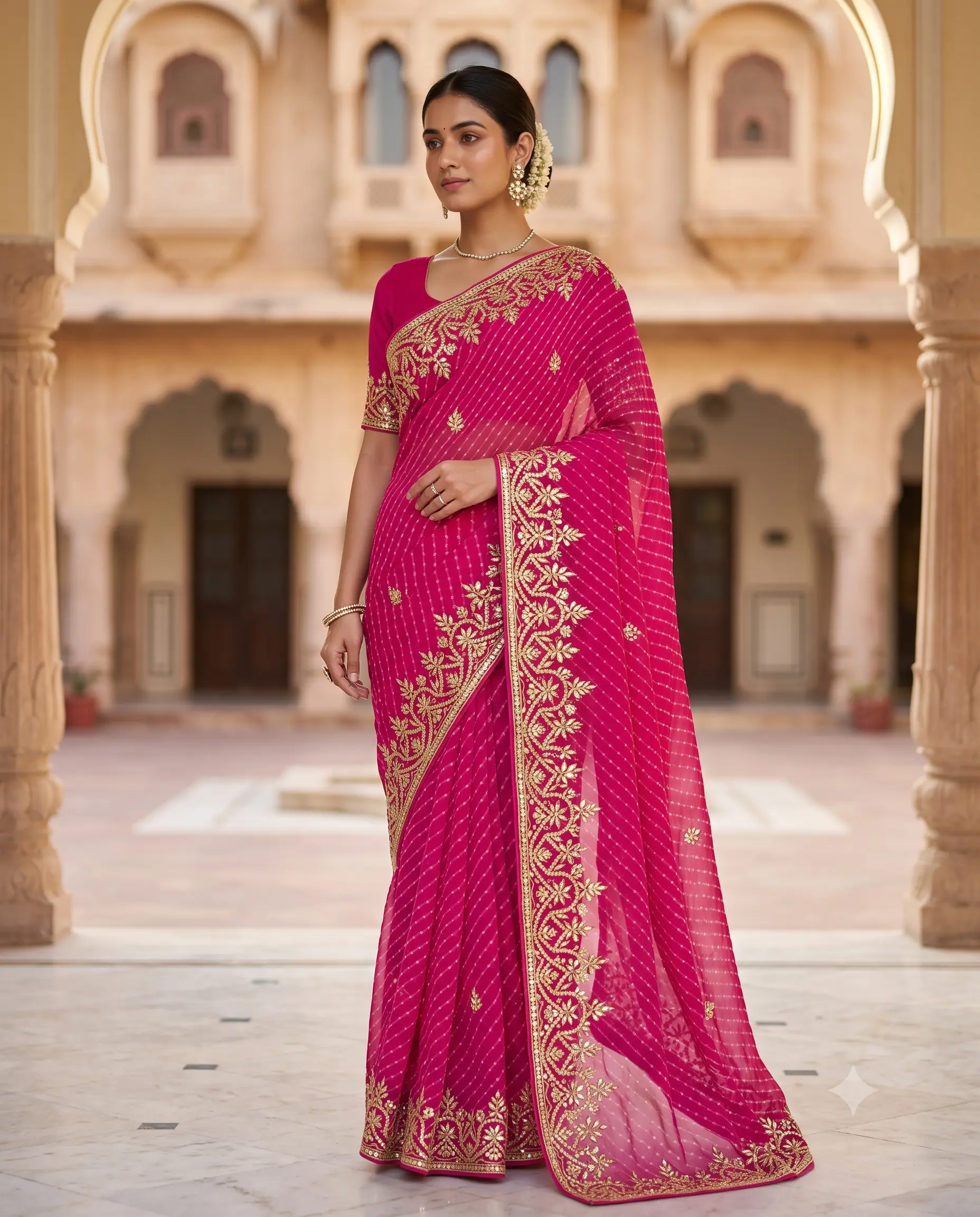 ani-pink-pure-georgette-lehariya-saree-with-silver-gota-patti-work