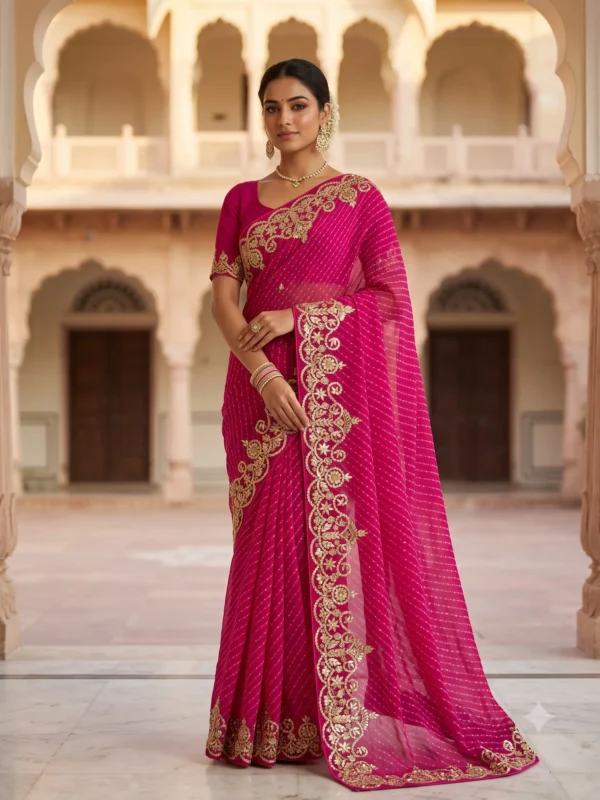 Rani Pink Pure Georgette Lehariya Saree with handcrafted Silver Gota Patti embroidery and designer floral border.