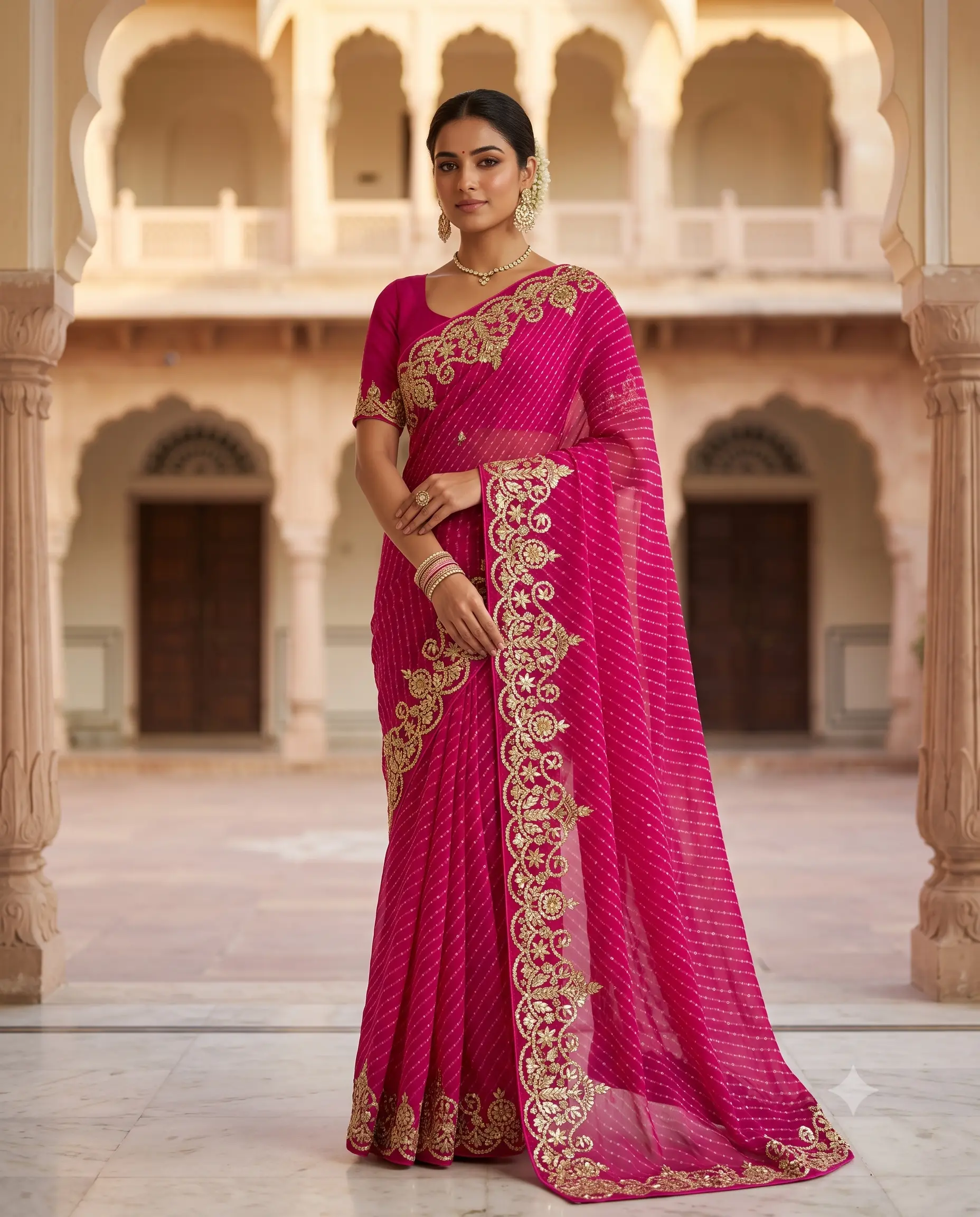 gulnaar-heritage-rani-pink-pure-georgette-lehariya-saree-silver-gota-patti
