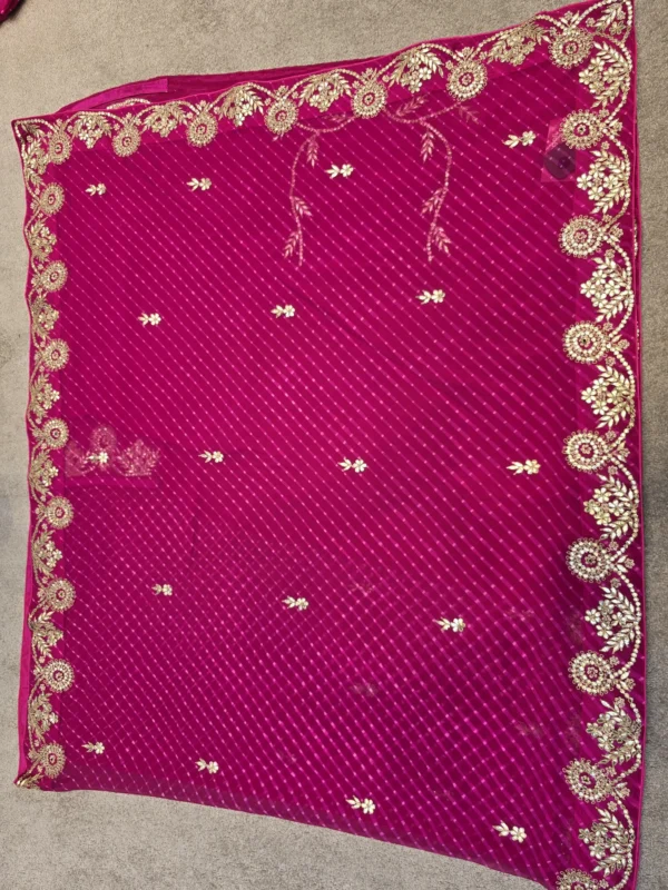 Pure Georgette Rani Mothra Saree with Heavy Gota Patti Embroidery and Floral Border for Teej & Raksha Bandhan