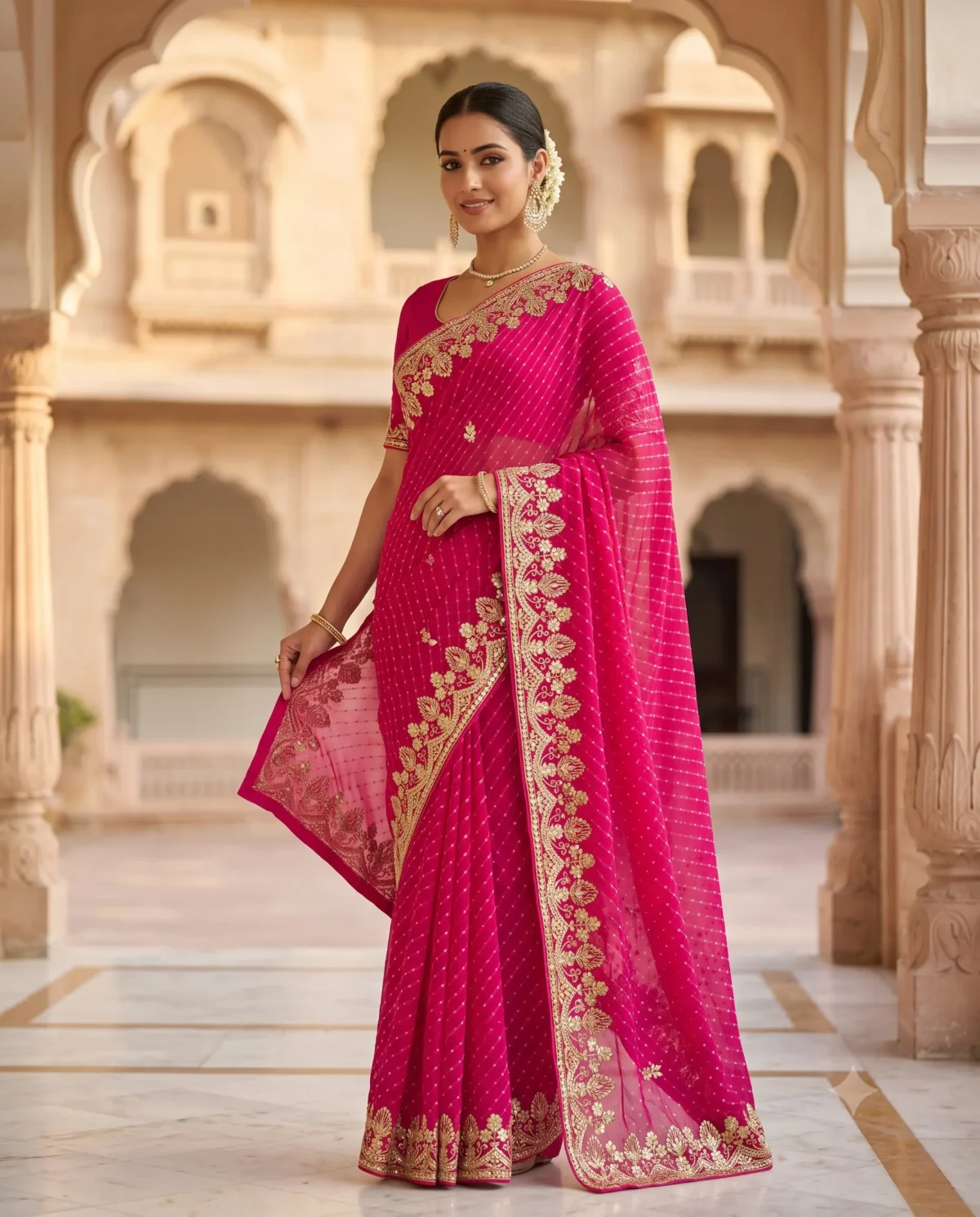 Noor-e-Rajputana Rani Pink Pure Georgette Lehariya Saree with handcrafted Silver Gota Patti work and designer embroidered border.