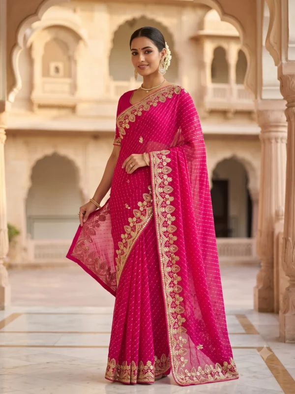 Noor-e-Rajputana Rani Pink Pure Georgette Lehariya Saree with handcrafted Silver Gota Patti work and designer embroidered border.