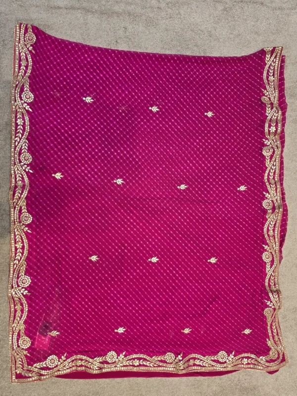 Pure Georgette Rani Mothra Saree with Heavy Gota Patti Embroidery and Floral Border for Teej & Raksha Bandhan